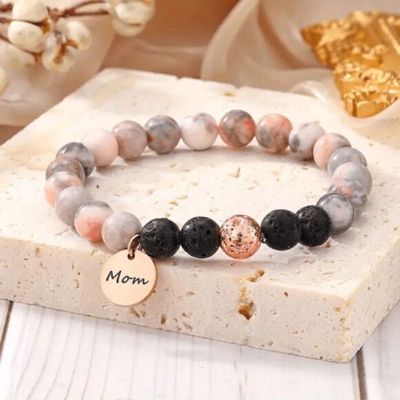 Pink Zebra Jasper Lava Beaded Stone Stretch Bracelet Mom Charm Pendant Gift Card - Picture 2 of 5
